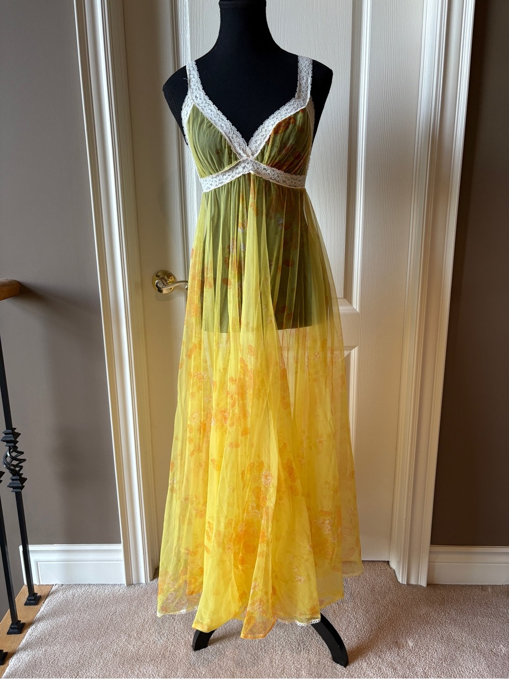 1970s Sheer Yellow Lace-Trim Negligee